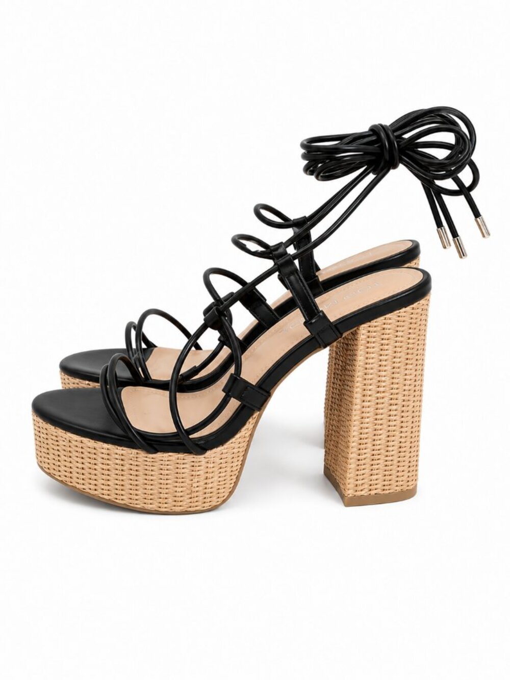 Top Moda Black Lace Up Platform Sandals Woven Raffia Block Heel Gladiator 5.5